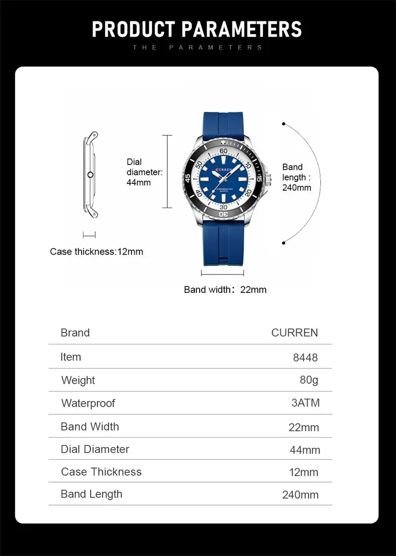 Reloj Curren 8448 de Cuarzo para Hombre con Correa de Silicona Azul - Imagen 3